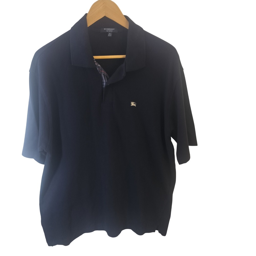 Burberry London Mens XL‎ Navy Blue Cotton Pique Polo Shirt Nova Check Placket